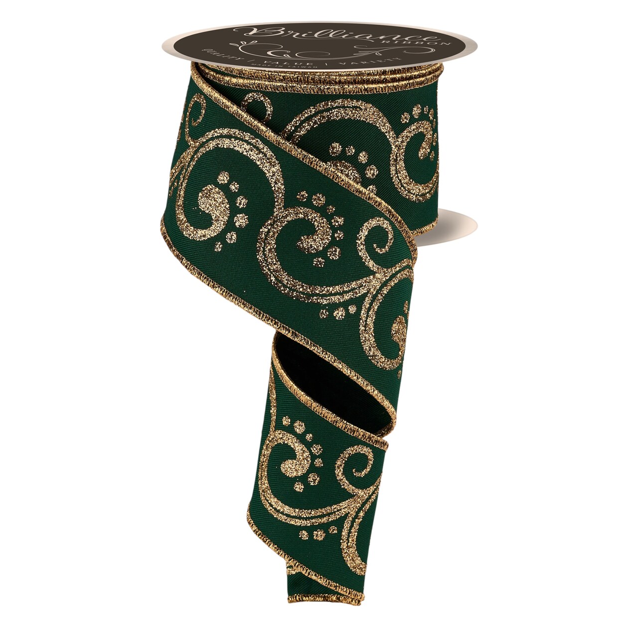 Brilliance 2.5" Hunter Green and Gold Filigree Glitter Swirl Wired Ribbon, 10 Yards for Christmas Bows, Wreaths, Gift Wrap, Crafts and Decorations